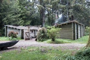 Fort Clatsop: log fort with trees behind