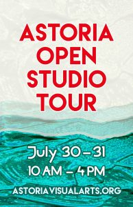 Logo: Astoria Open Studio Tour July 30-31 10AM-4PM astoriavisualarts.org red/white text superimposed on blue and gray drawing of ocean waves