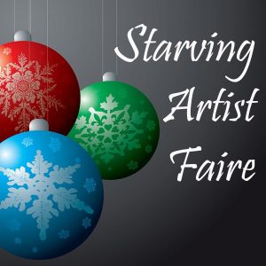 Red, Green, Blue Christmas tree ornaments with snowflake decorations hanging against gray background  Text - Starving Artist Faire