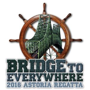 Logo: 2016 Astoria Regatta Bridge to Everywhere with drawing of Astoria-Megler Bridge and brown ship’s wheel above text