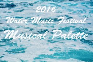 Blue and white abstact waves by Kris Guico on Unsplash. Text - 2016 Water Music Festival: Musical Palette