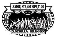 Black and white oval logo for Astor Street Opry Company Astoria Oregon showing silhouette of actors on stage