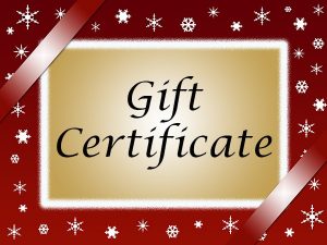 Gift Certificate with red border of white snowflakes and red diagonal ribbon