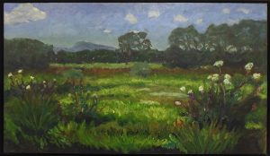 Painting by Frances Stilwell of landscape with wildflowers, green trees and grass, blue sky, Columbia Pacific Heritage Museum