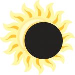 graphic of yellow sun with radiating orange and yellow rays, black disk in center representing partial solar eclipse