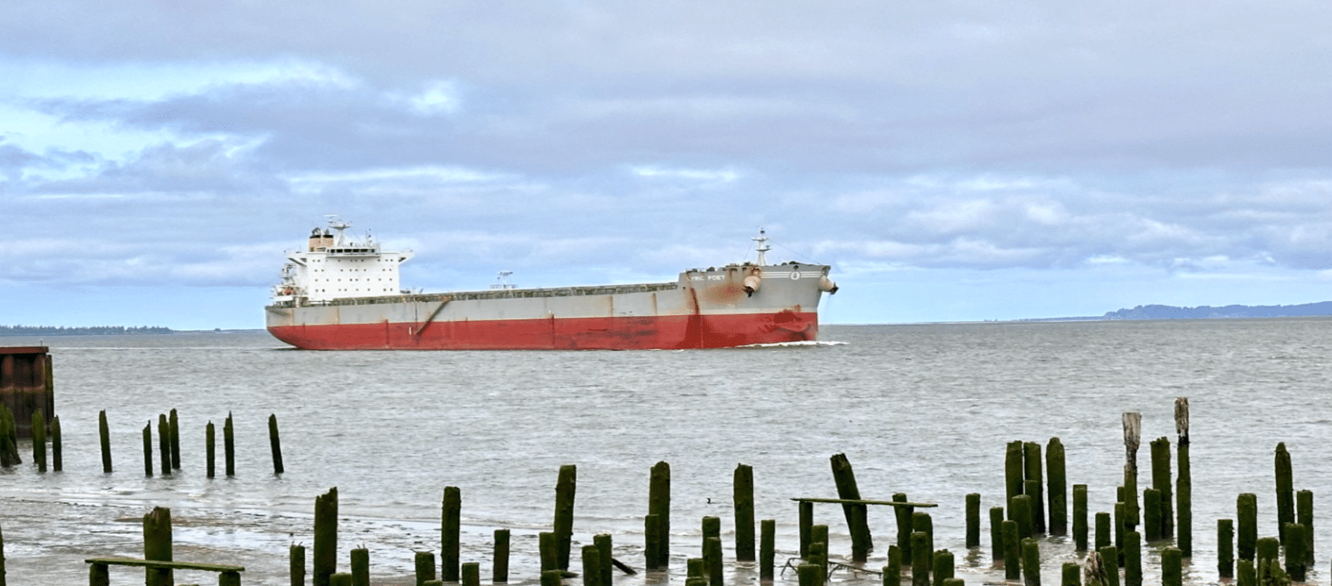 Red and white bulk carrier ship passing old wooden pilings on the Columbia River near Astoria, Oregon