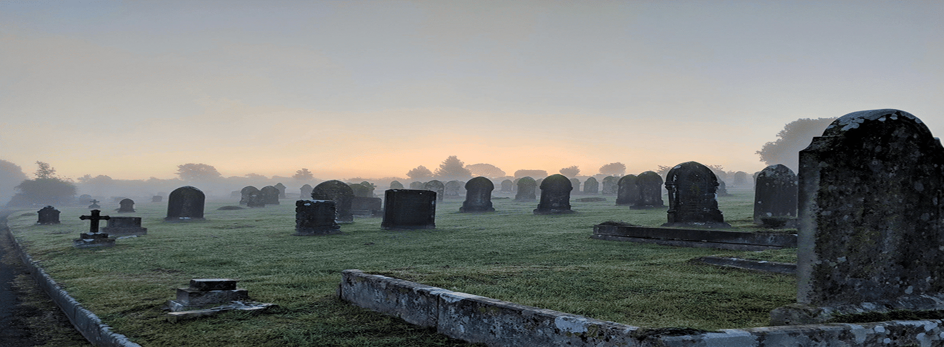 A row of cemetery headstones sit in grass with dense fog and sunset behind them