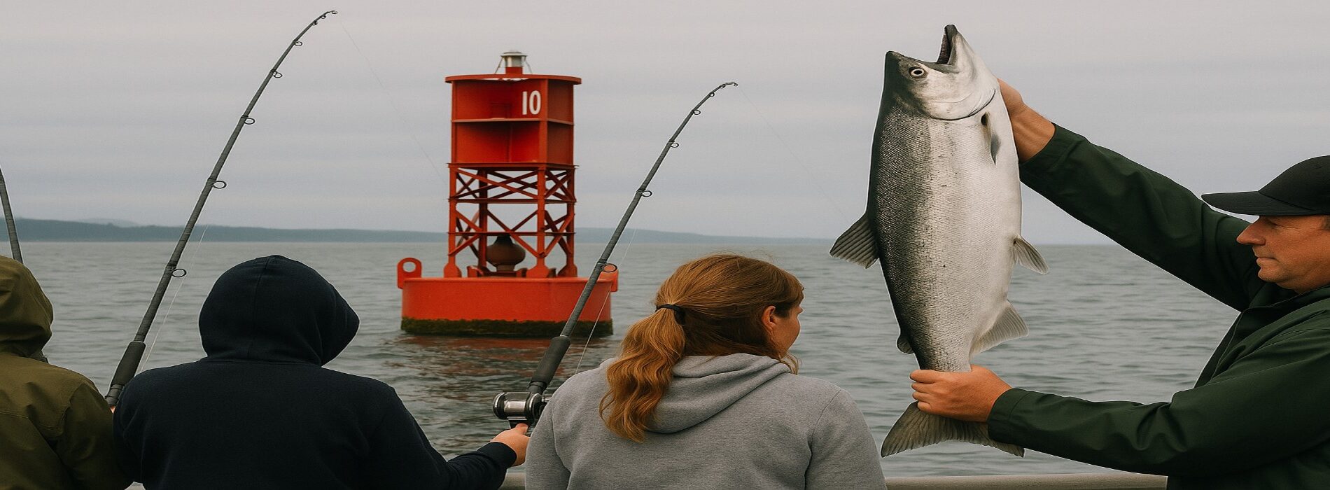 3 people shown from the back fishing with poles with grey ocean in front of them and a tall red buoy. One man holds a salmon from the side